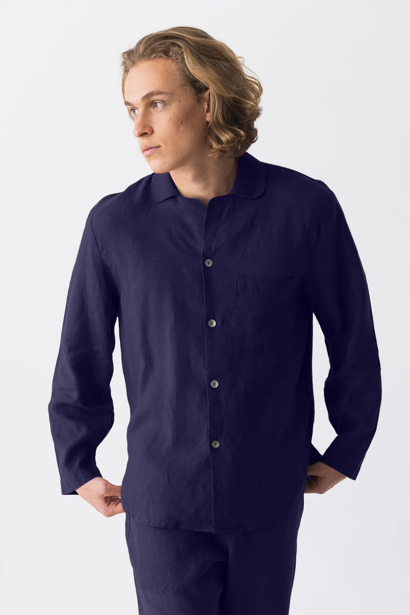 Veste pyjama en lin, manches longues “Ronaldo” bleu nuit