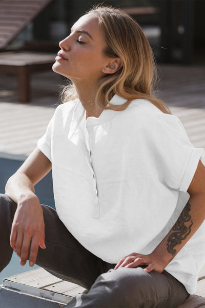 chemisier en lin lavé manches courtes Blanc 