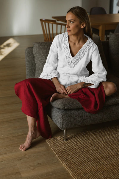 Robe de nuit courte en lin à mini volants Blanc Optique