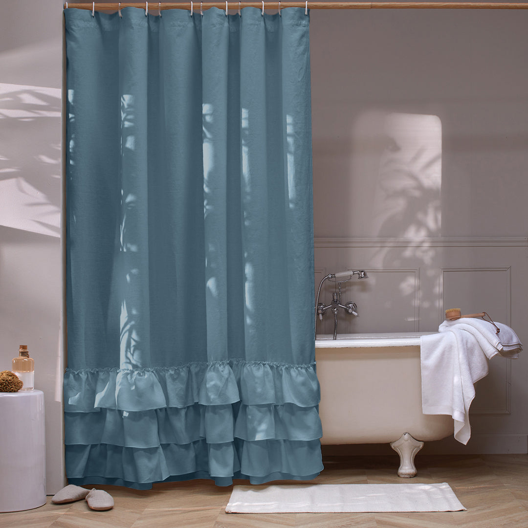 Ruffled shower curtain in blue linen | Linenshed, image size:1080x1080