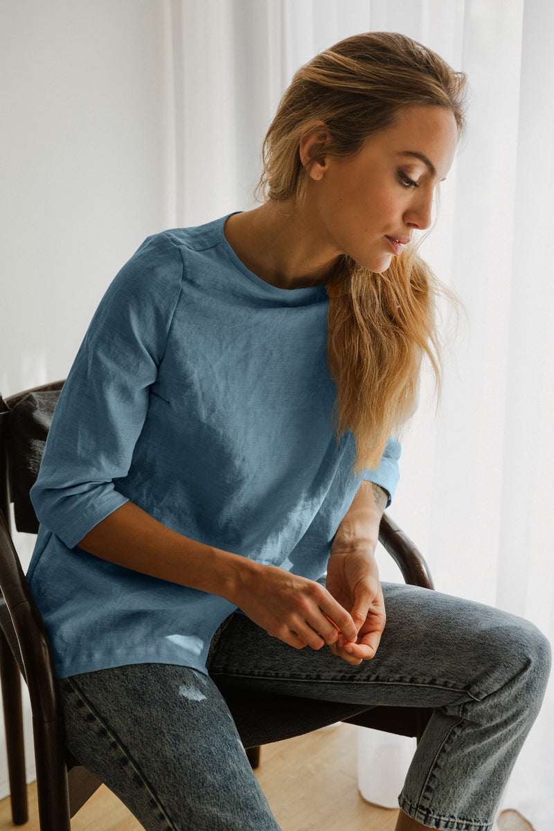 chemisier en lin lavé pour femmes Bleu Francais 