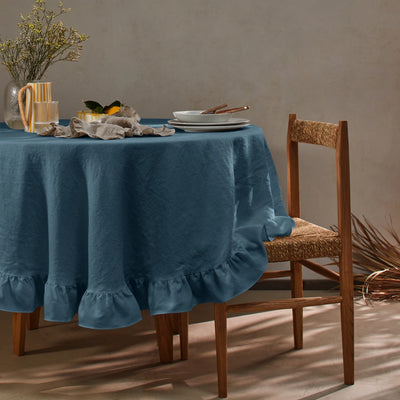 Nappe en lin ovale a volant bleu français