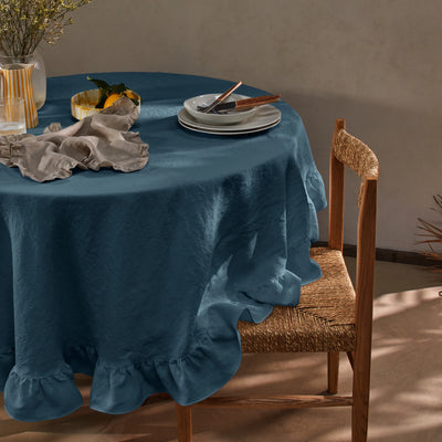 Nappe en lin lavé ovale a volant bleu français
