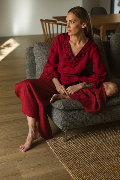 Robe de nuit courte en lin à mini volants Bordeaux