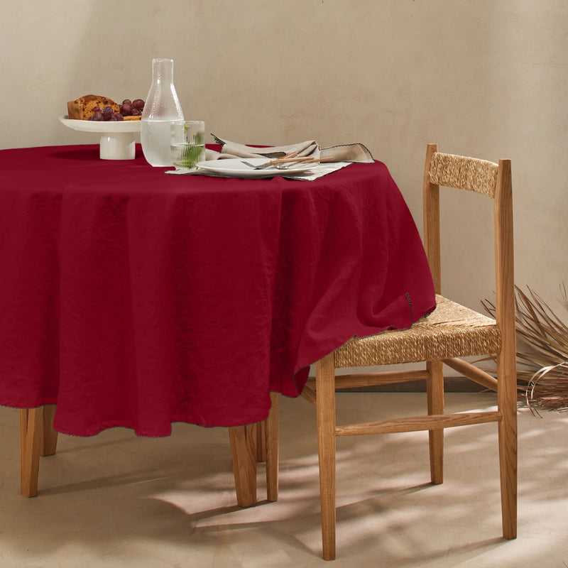 Nappe ronde en lin lavé bord crochet bordeaux