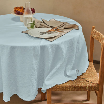 Nappe ronde en lin bord crochet bleu glacier