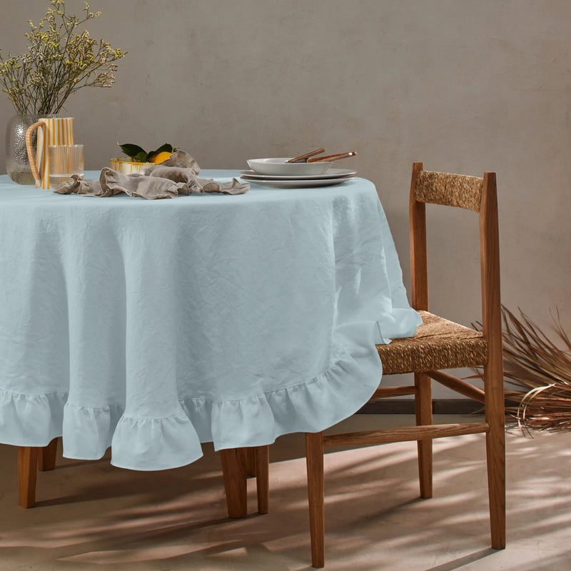 Nappe en lin ovale a volant bleu glacier