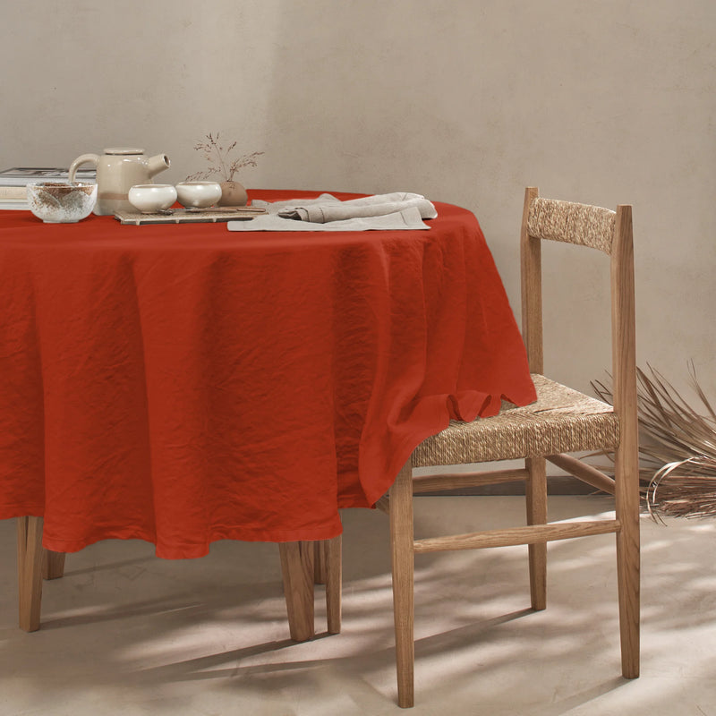 Nappe ronde en lin lavé ajouré corail