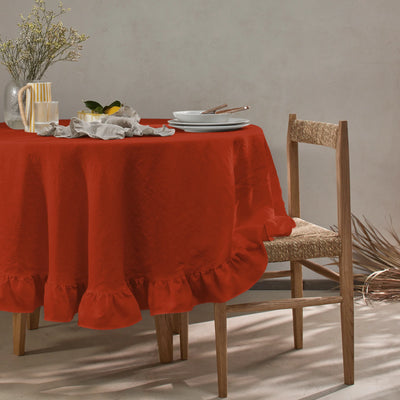 Nappe ronde sur mesure à volant en lin corail
