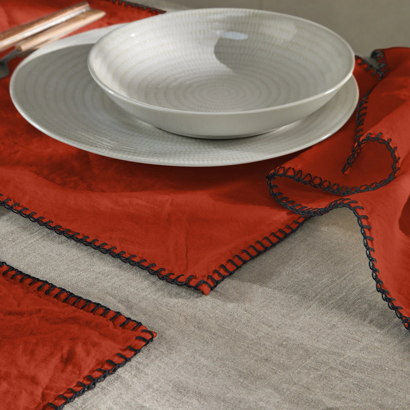 Sets de table bordé "Point de Cheval" en lin corail