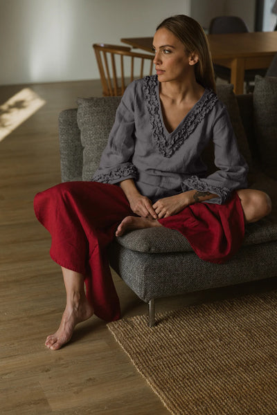 Robe de nuit courte en lin à mini volants Gris Plomb