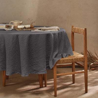 Nappe ronde sur mesure en lin lavé ajouré gris plomb