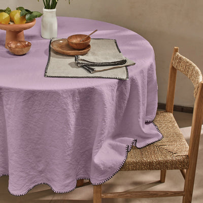 Nappe ronde en lin lavé avec point de cheval lilas