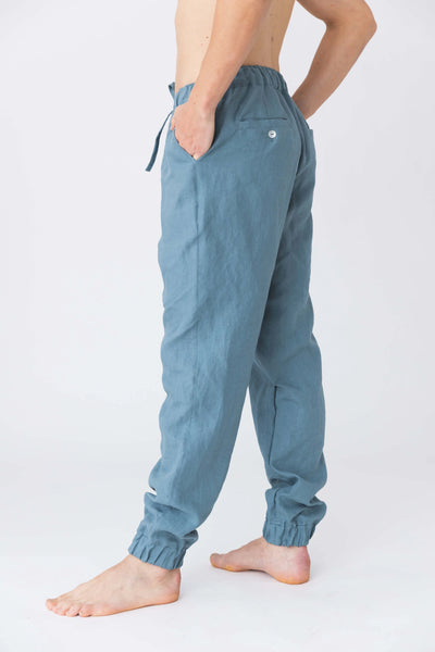 Pantalon en lin lavé, élastiqué “Gael” Bleu Français 3 #colour_bleu-francais