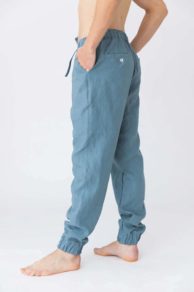 Pantalon en lin lavé, élastiqué “Gael” Bleu Français 13 #colour_bleu-francais