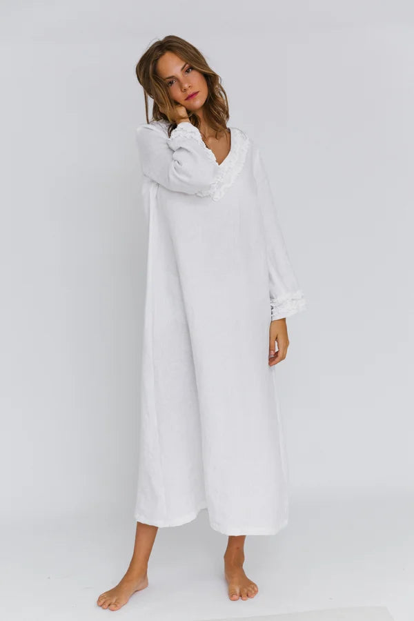 Longue Robe de nuit en lin lavé à mini volants Blanc 7 