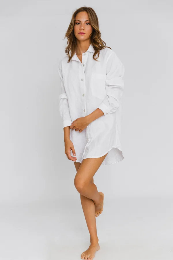 Chemise en lin femme de style masculin Blanc 4 