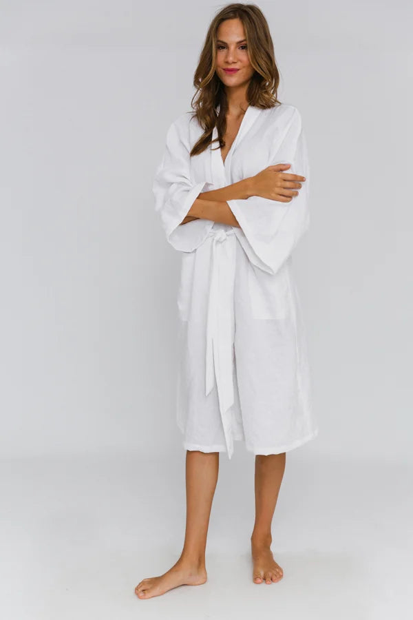 Peignoir long en lin style Kimono « Laís » Blanc 3 