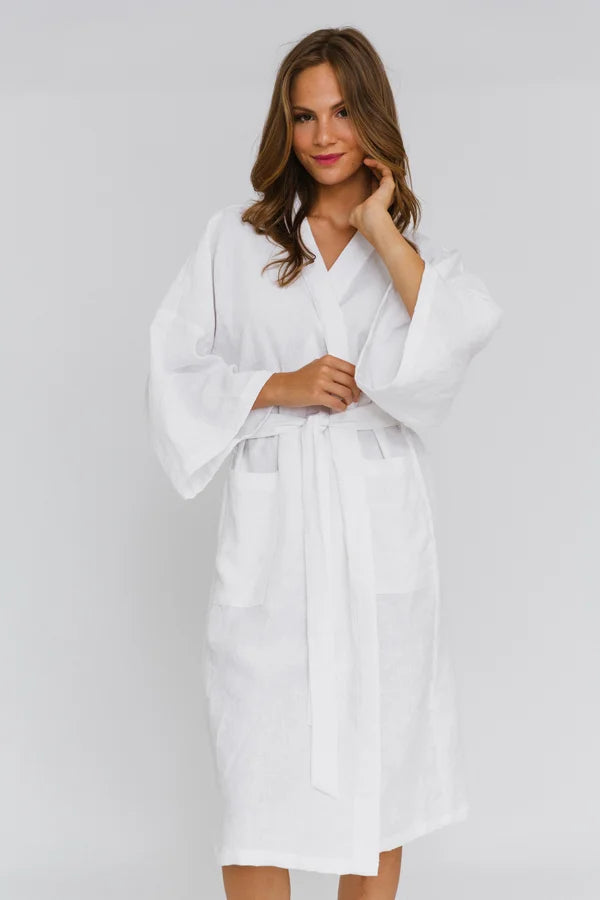 Peignoir long en lin style Kimono Blanc 3 