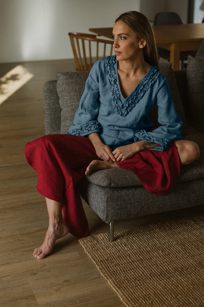Robe de nuit courte en lin à mini volants Bleu Francais