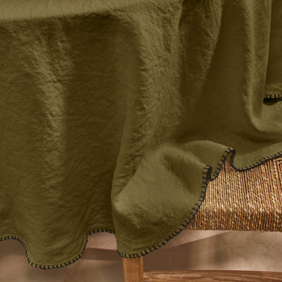 Nappe en lin ronde avec point de cheval vert olive