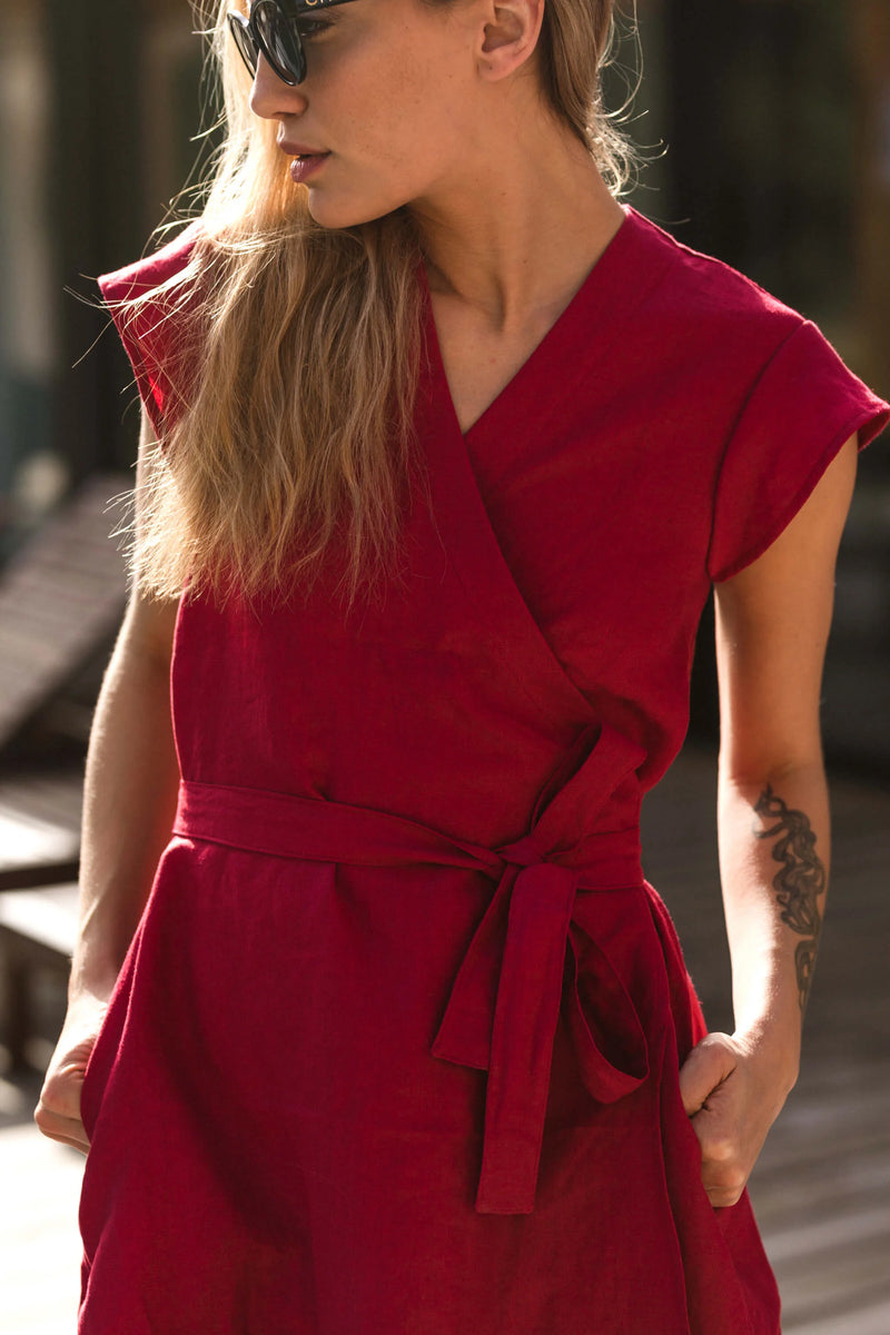 Red linen wrap dress shop