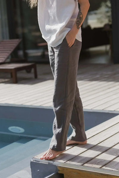 Pantalon décontracté 100% lin lavé pour femme 12#colour_gris-plomb