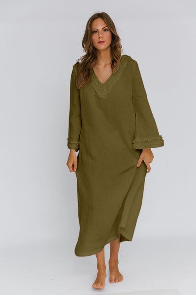 Robe de nuit en lin lavé à mini volants « Bia » Olive Verte #colour_olive-verte