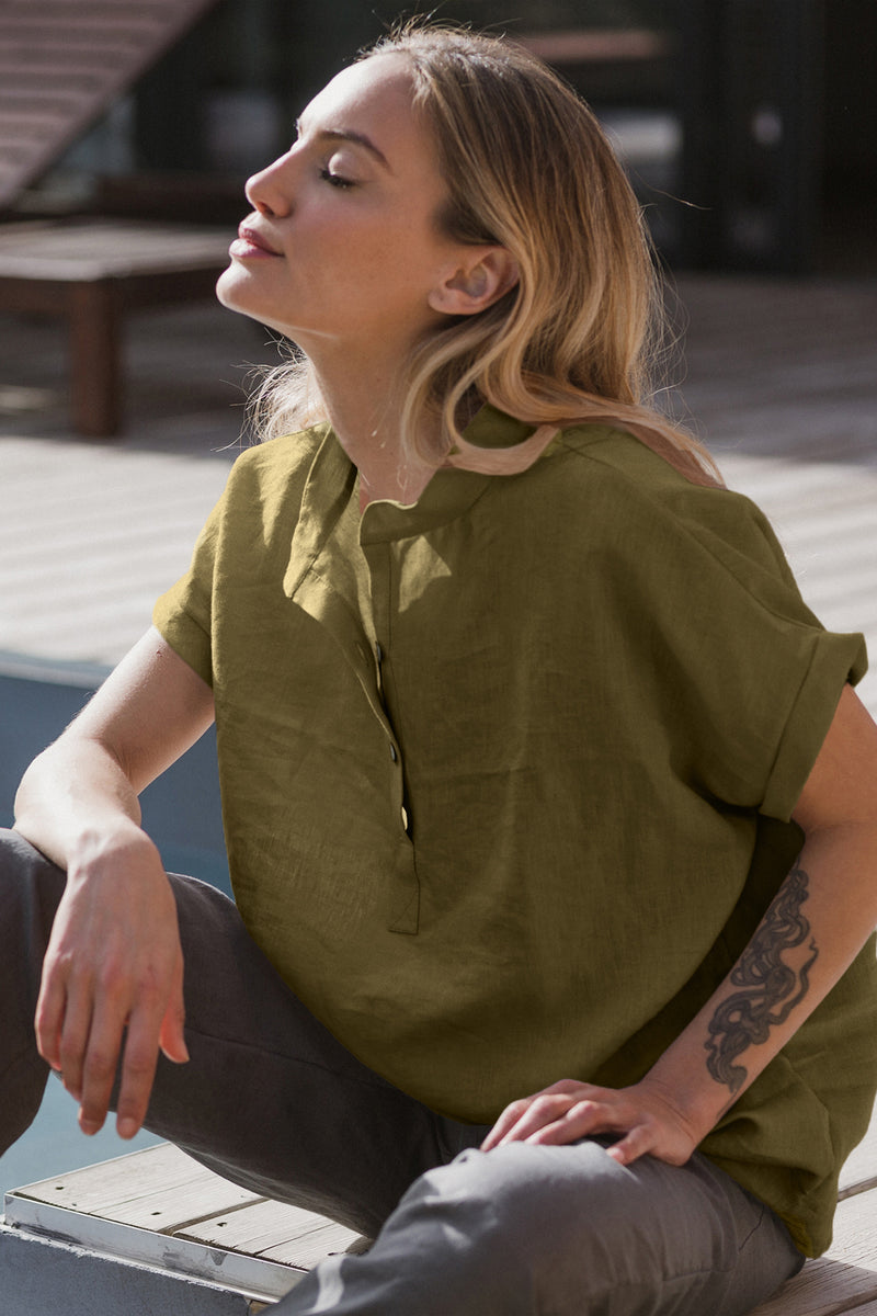 chemisier en lin lavé manches courtes Olive Verte 