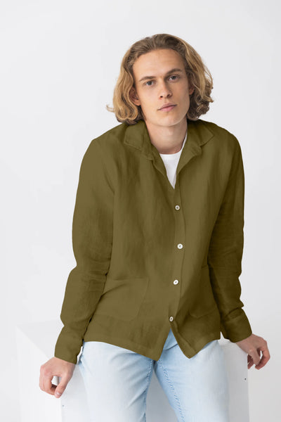 Chemise veste en 100 % lin lavé Olive Verte