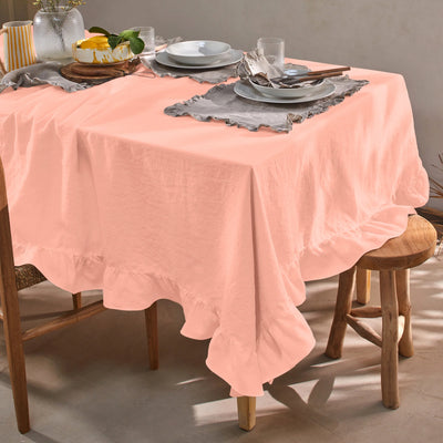Nappe rectangulaire sur mesure  à volants en lin rose