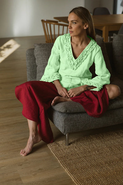 Robe de nuit courte en lin à mini volants Vert Menthe