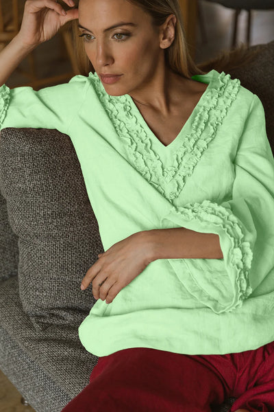 Robe de nuit courte en lin lavé à mini volants vert menthe