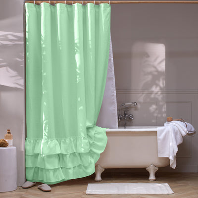 Rideau de douche en lin lavé à volant Vert-Menthe