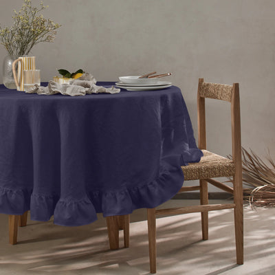 Nappe en lin ovale a volant bleu nuit