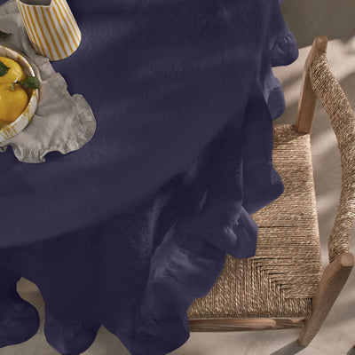 Nappe ovale en lin a volant bleu nuit
