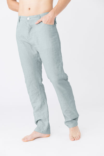 Pantalon en lin, style Jeans "Flavio" Bleu Glacier #colour_bleu-glacier