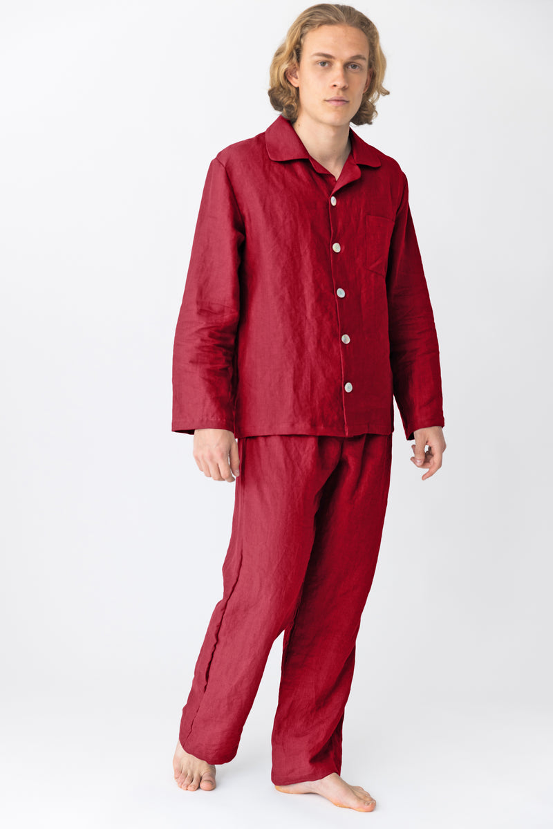 Pyjama long homme en lin lavé Bordeaux 