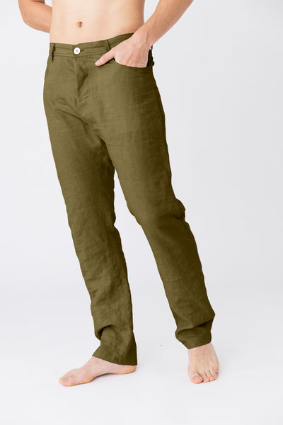 Pantalon en lin, style Jeans "Flavio" Olive Verte #colour_olive-verte