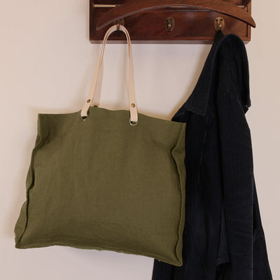 Casual Vintage Washed Linen Daily bag with real leather handle